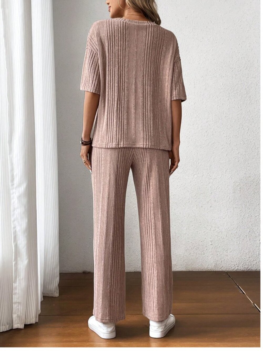 Apricot Ribbed Lounge Set Wide Leg Pants Size Large - Picture 5 of 7